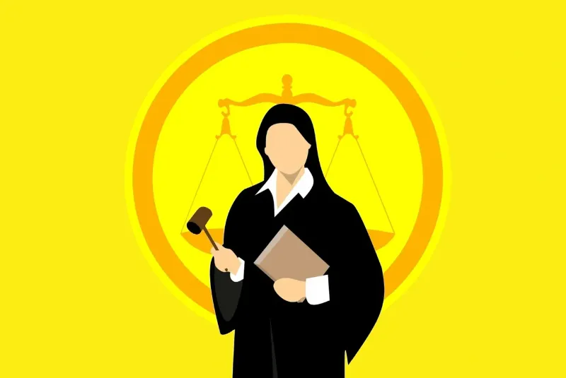 drawing of a judge with a book in front of the justice symbol