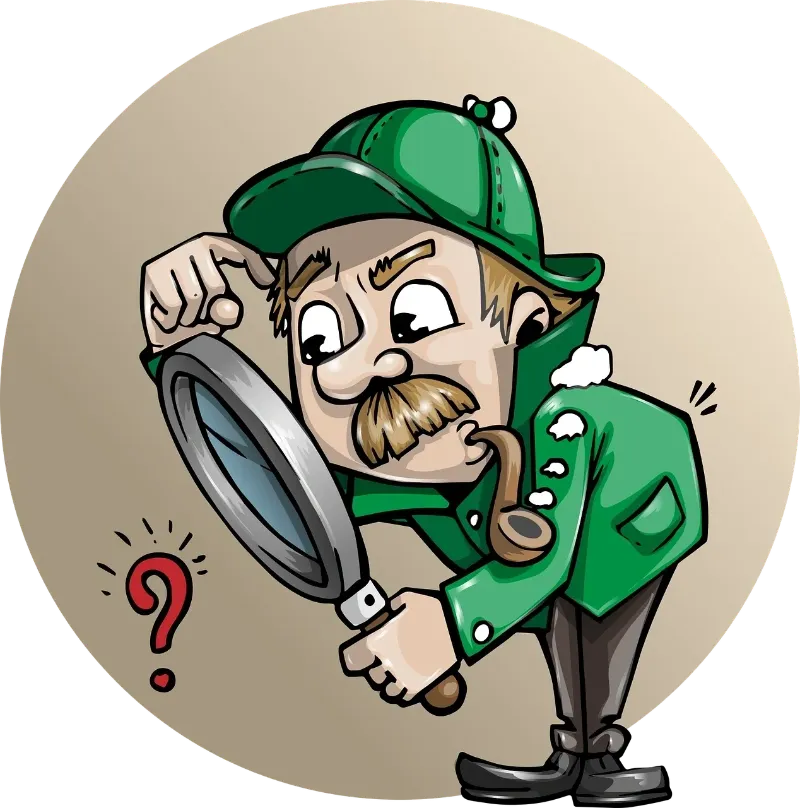 animated detective with a magnifying glass looking at a clue