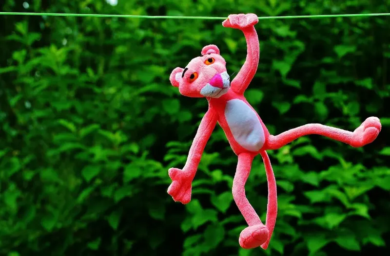 pink panther toy hanging on a clothesline