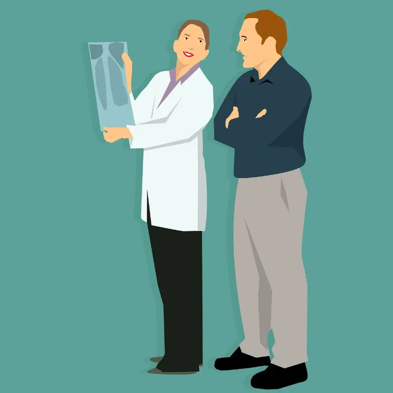 cartoon drawing of woman holding an xray and showing it to a man