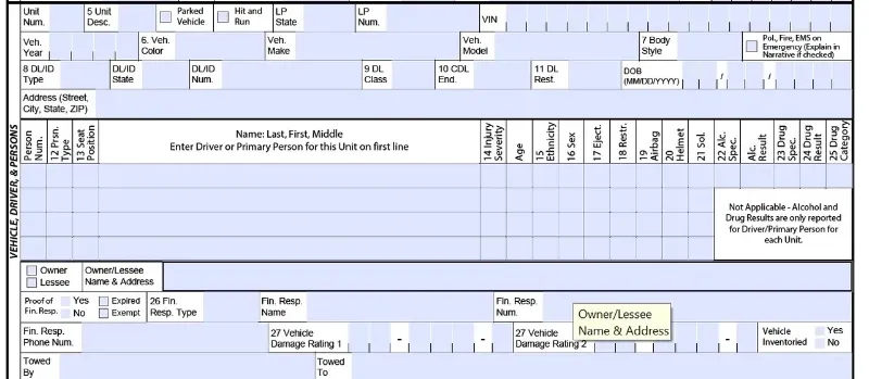 vehicle, driver & persons section of an accident report